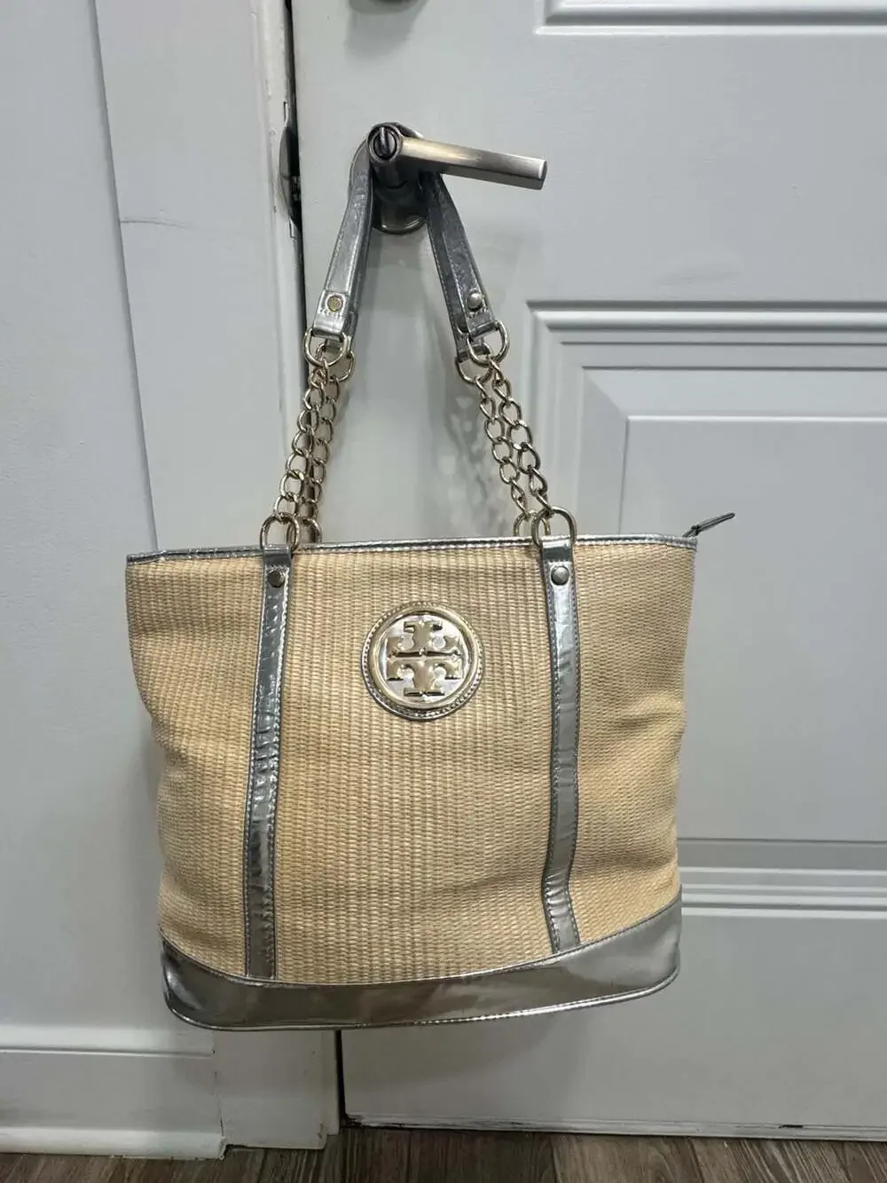 Tory Burch Ella Straw Tote Natural Woven Silver Metallic Chain Shoulder Bag